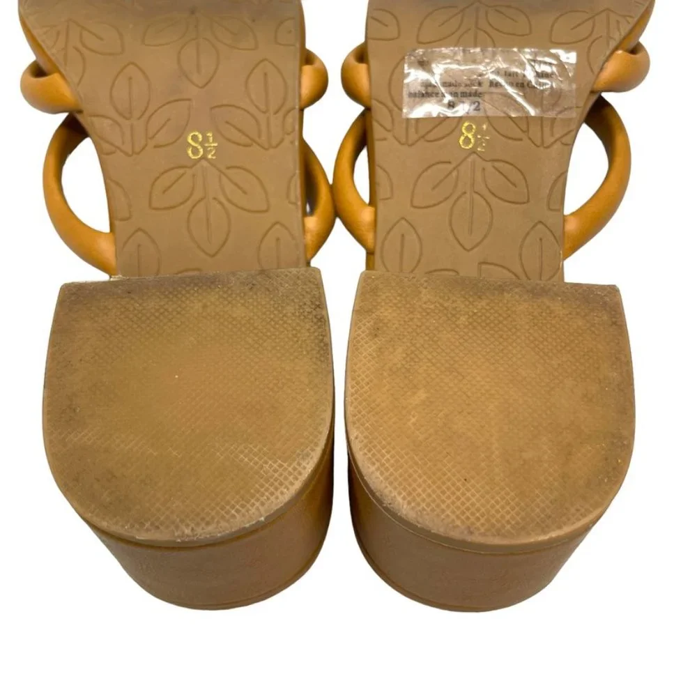 Melrose Ave Women's Tan Faux Leather Three‎ Strap Block Heel Sandals Size 8.5M